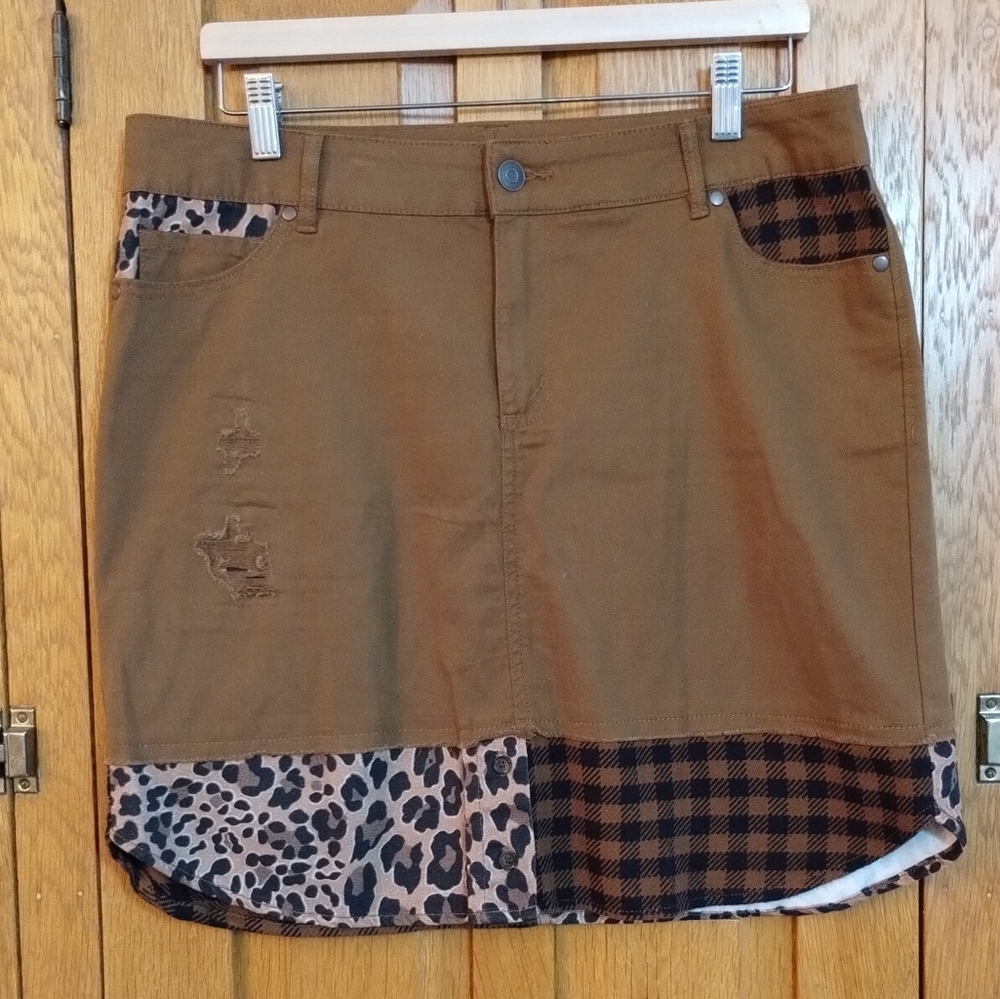 Cato brown mixed print plaid cheetah distressed jeans skirt